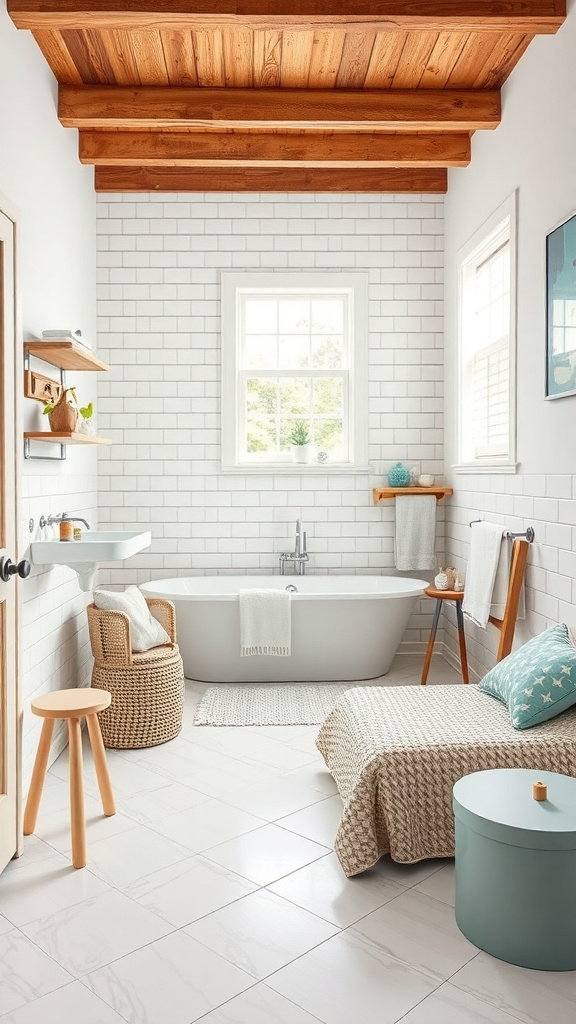 A bright and airy kids bathroom featuring white tiles, a bathtub, wooden beams, and simple decor.