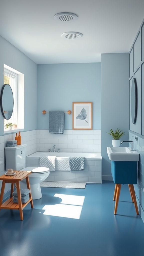 A modern bathroom featuring durable rubber flooring, light blue walls, and white fixtures.