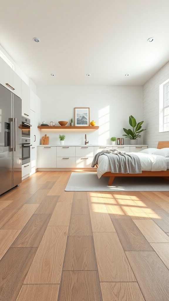 A modern kitchen featuring warm-toned vinyl plank flooring, bright cabinets, and natural light.