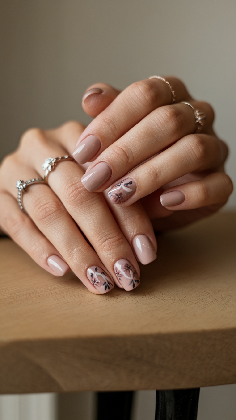 Nude nails with dusty rose floral accents and delicate rings on a wooden surface.