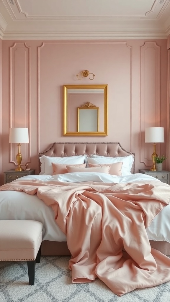 A beautifully styled bedroom featuring dusty rose walls, plush bedding, and gold accents.