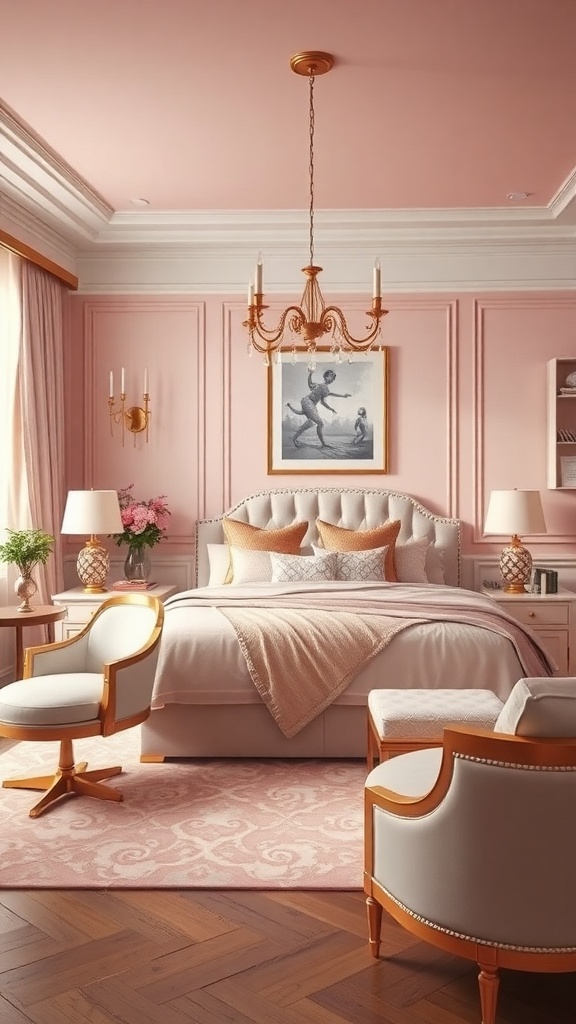 A bedroom featuring dusty rose walls, gold accents, and elegant furniture.