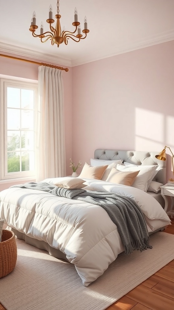 A cozy bedroom featuring dusty rose walls, a grey throw blanket on the bed, and a stylish chandelier.