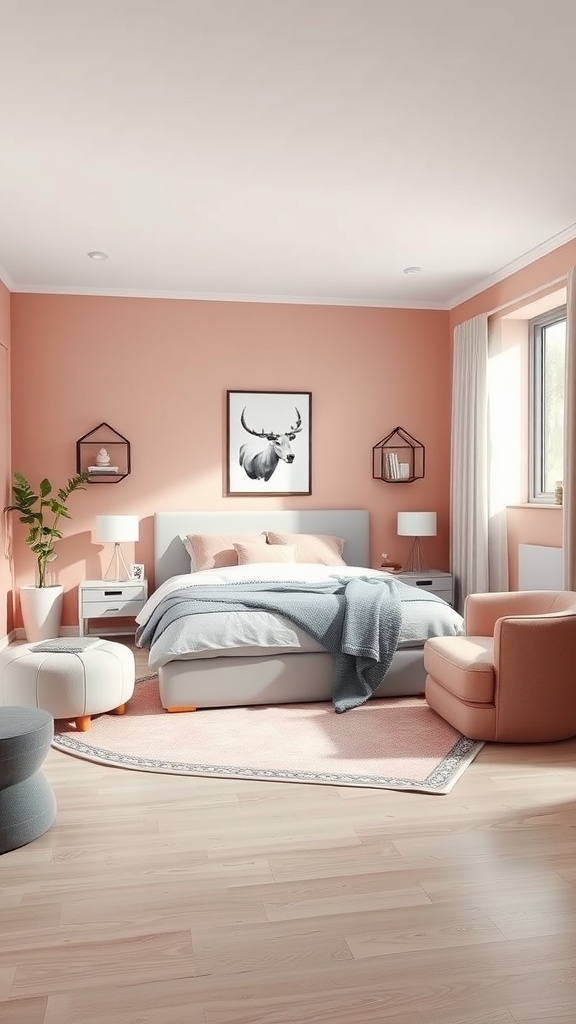 A cozy bedroom featuring dusty rose walls, grey bedding, and modern furniture.