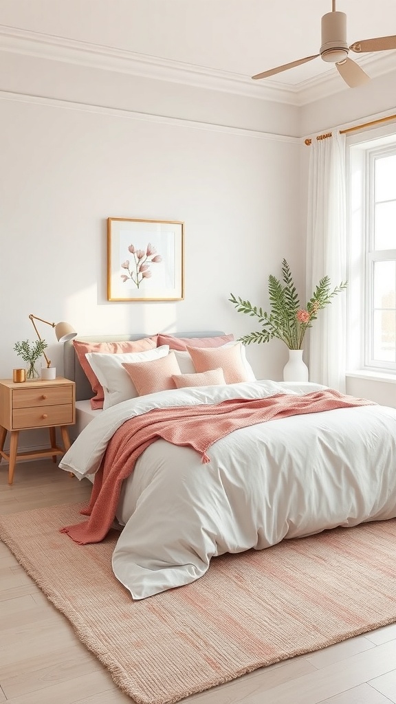 A cozy bedroom featuring dusty rose and white bedding with a throw blanket, pillows, and a natural plant.
