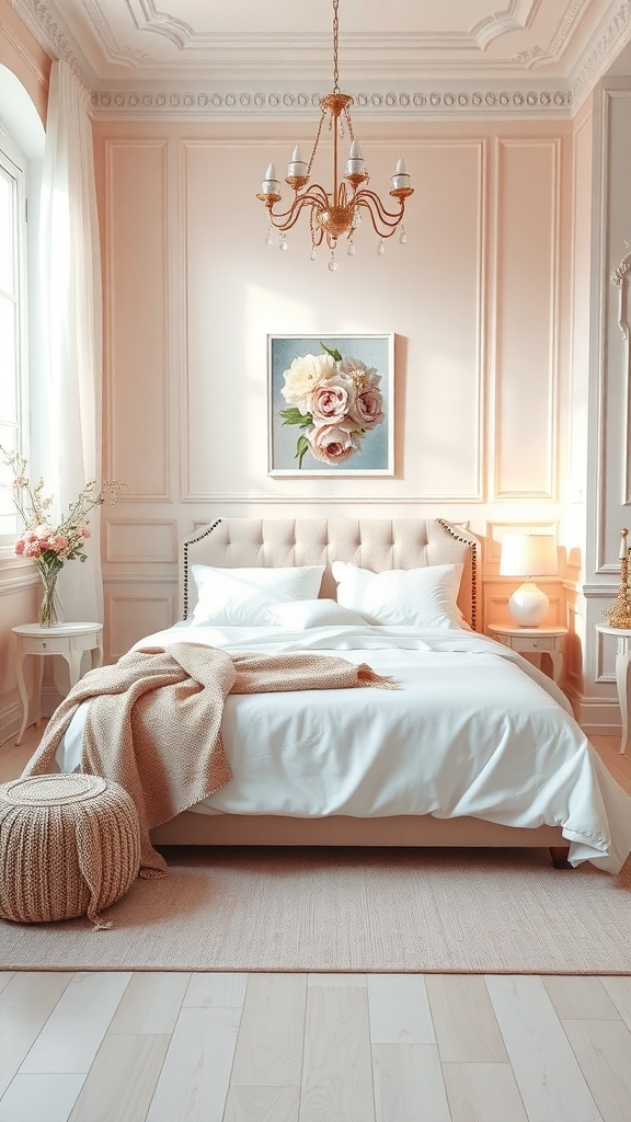 A cozy bedroom featuring a dusty rose wall, white bedding, and elegant decor.