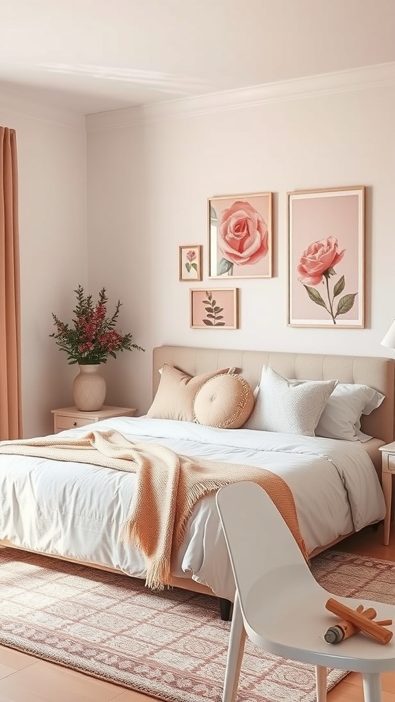 A cozy bedroom featuring dusty rose artwork and floral prints on the wall, with a neatly made bed and soft decor.