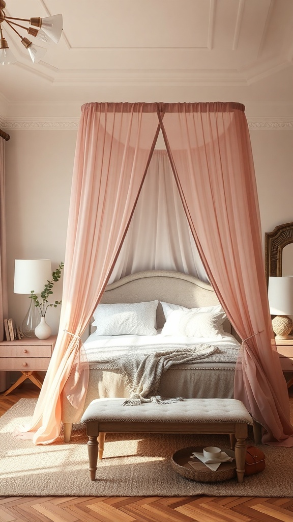 A cozy bedroom featuring a dusty rose bed canopy with soft bedding and warm lighting.