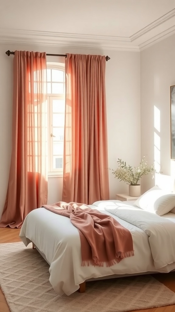 A cozy bedroom featuring dusty rose curtains, a white bed, and natural light.
