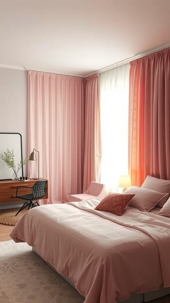 A cozy bedroom featuring dusty rose curtains that softly filter light, a neatly made bed, and a stylish desk.