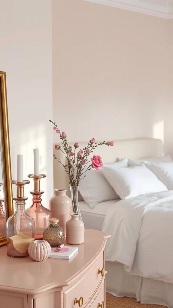 A cozy bedroom featuring dusty rose decorative accessories, including pink vases, candles, and flowers on a dresser.