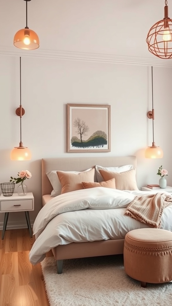 A cozy bedroom featuring dusty rose lighting fixtures, a soft bed, and warm decor.