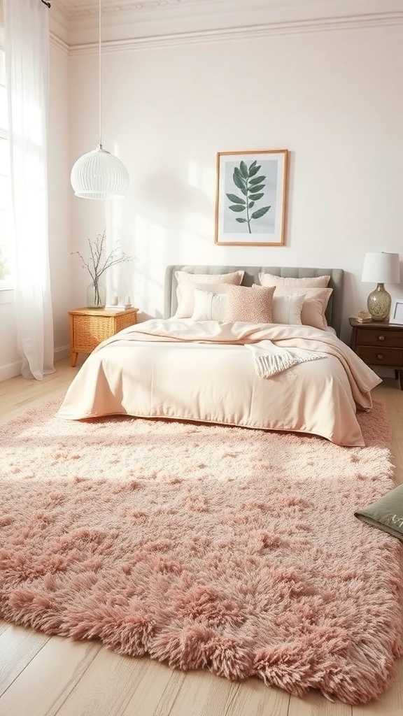 A cozy bedroom featuring a dusty rose rug, soft bedding, and natural light.