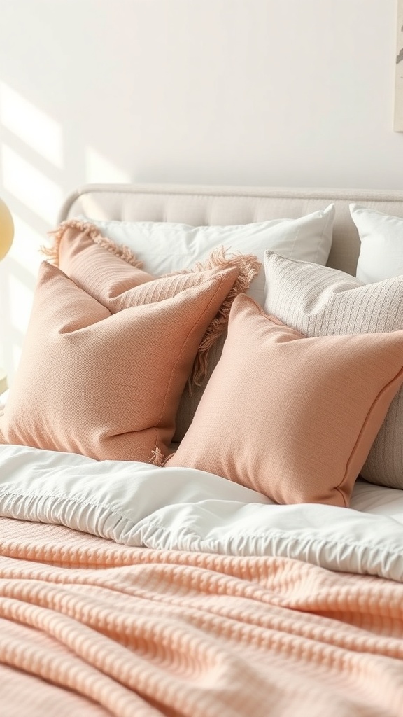 A cozy bed with dusty rose throw pillows and soft bedding.