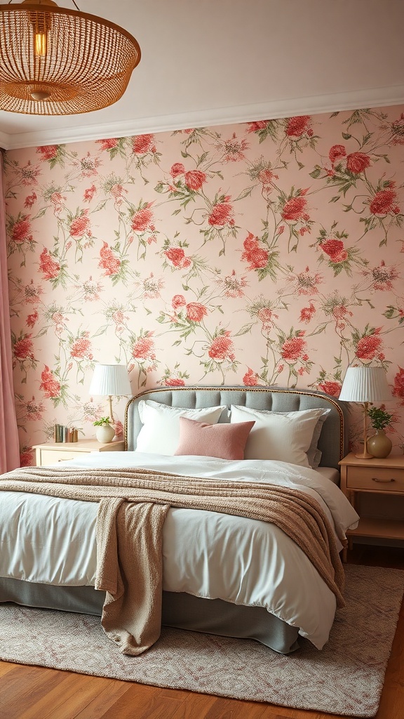 A bedroom featuring dusty rose floral wallpaper, a cozy bed with neutral bedding, and warm lighting.