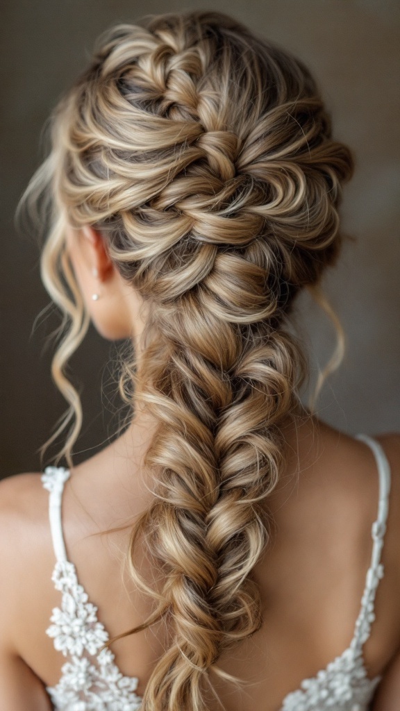 A beautiful Dutch braid updo with soft waves, showcasing an elegant hairstyle for bridesmaids.