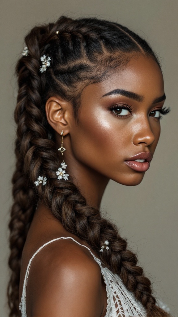 A woman with a Dutch braid hairstyle featuring volume and floral accessories