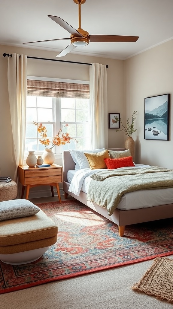 A cozy bedroom featuring warm color accents and a vibrant rug.