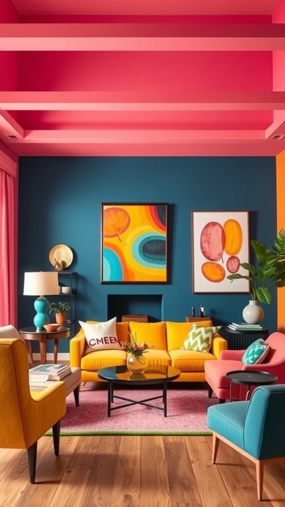A bright living room featuring a pink ceiling, blue walls, and colorful furniture.