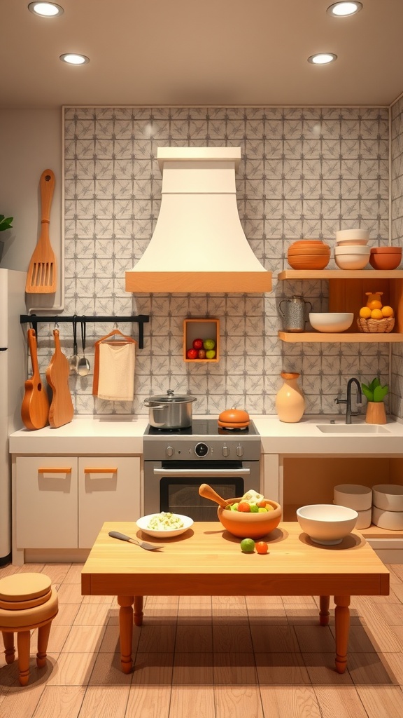 A cozy Toca Boca kitchen with a wooden table, colorful fruits, and a stove ready for cooking.