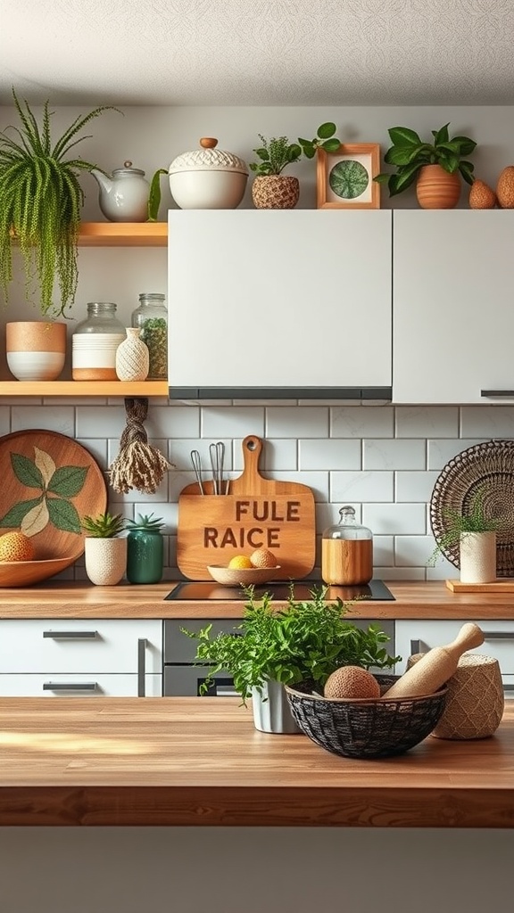 A cozy kitchen featuring wooden accents, plants, and decorative accessories that evoke an earthy vibe.