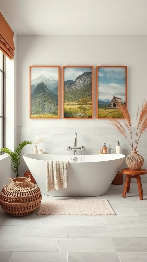 Earth-inspired wall art featuring mountain landscapes in a modern bathroom