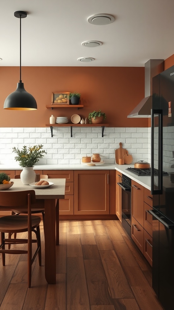 A kitchen featuring an earthy terracotta accent wall, white brick backsplash, wooden cabinets, and natural elements.