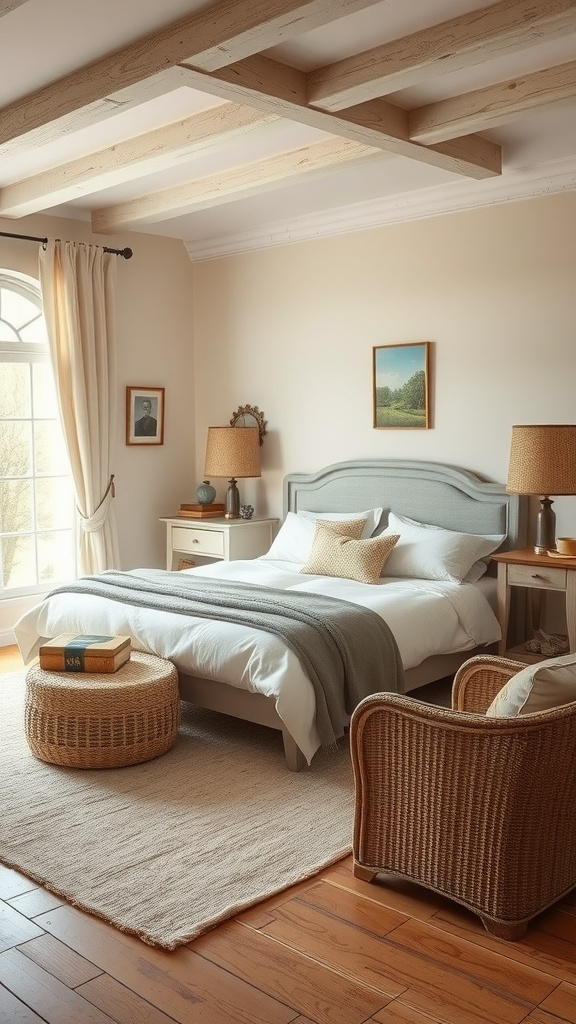 A cozy French country bedroom featuring earthy colors, wooden beams, and natural textures.
