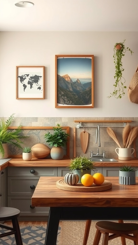 A cozy kitchen featuring earthy artwork, including a world map and a mountain landscape, with wooden decor and plants.