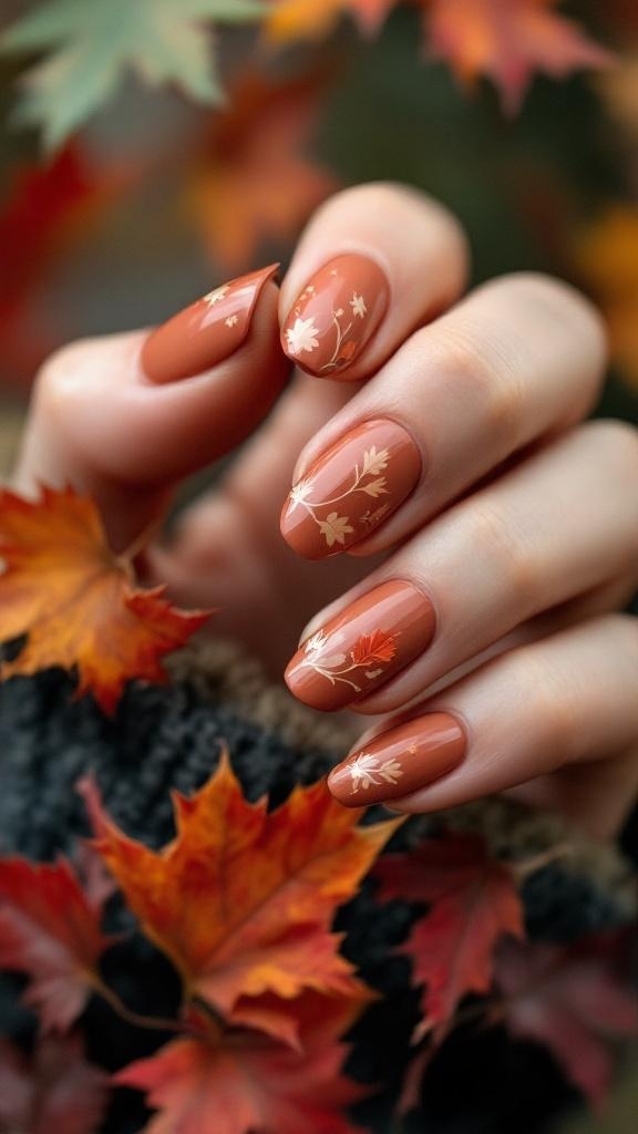 Close-up of hands with almond-shaped brown nails featuring leaf designs, surrounded by autumn leaves.