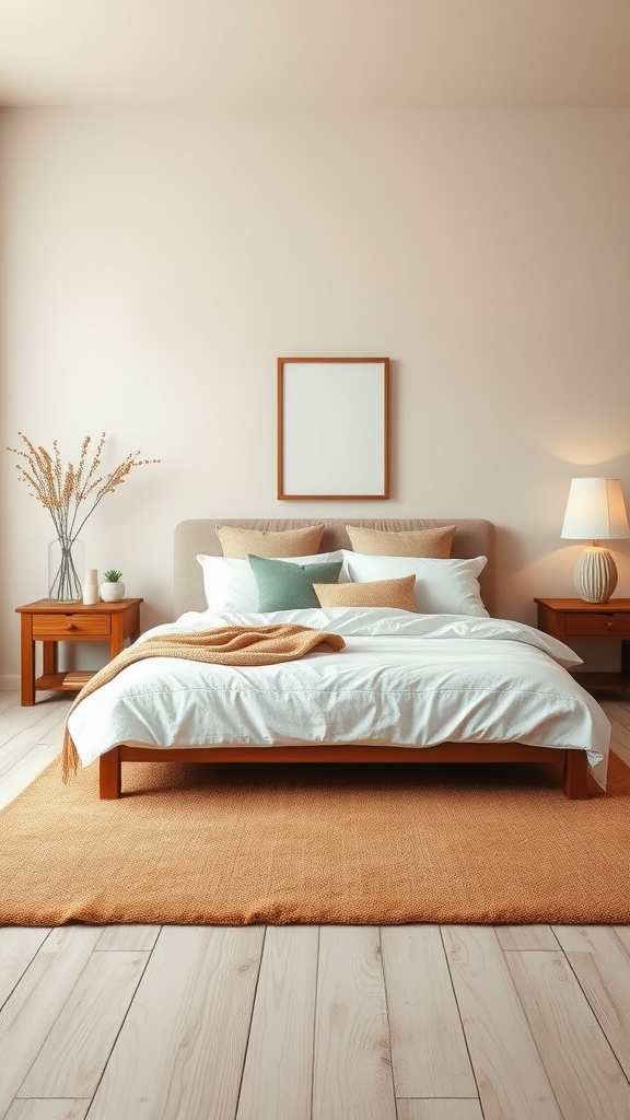 A cozy bedroom featuring a beige and brown color scheme with a soft brown rug, a bed with white linens, and decorative pillows.