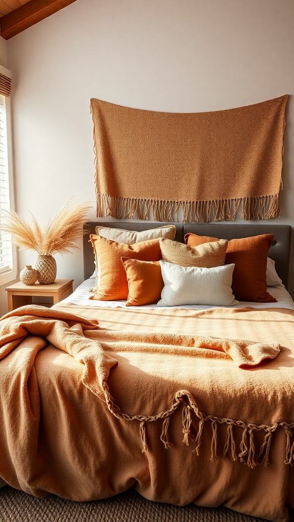 A cozy bedroom with earthy brown textiles, featuring a bed with orange and brown pillows, a textured wall hanging, and a side table.