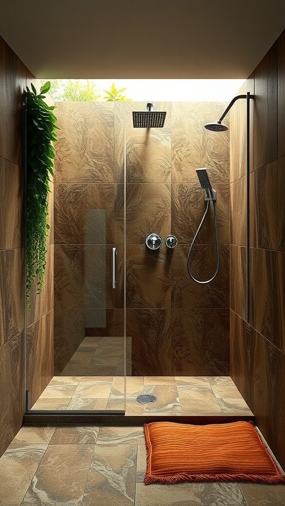A rustic walk-in shower featuring an earthy color palette with warm brown tiles and a touch of greenery