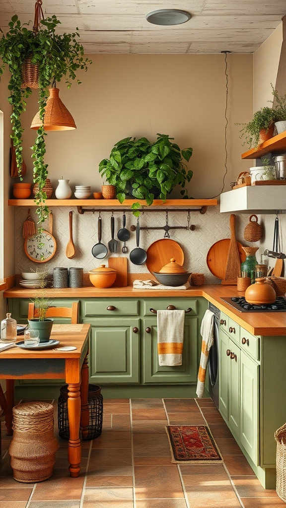 A boho kitchen with earthy colors, featuring green cabinets, wooden countertops, and hanging plants.