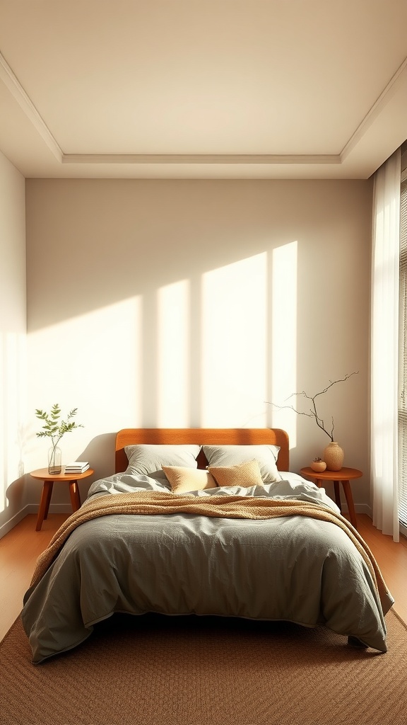 A zen bedroom featuring an earthy color palette with a wooden bed frame, soft bedding, and natural light.