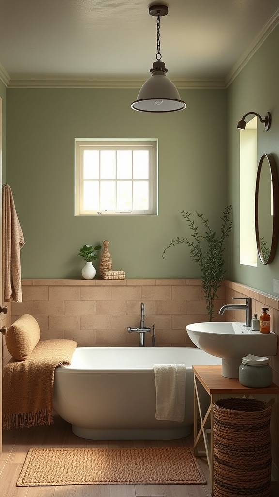 A rustic bathroom featuring an earthy color palette with light green walls, beige tiles, and natural wood accents.