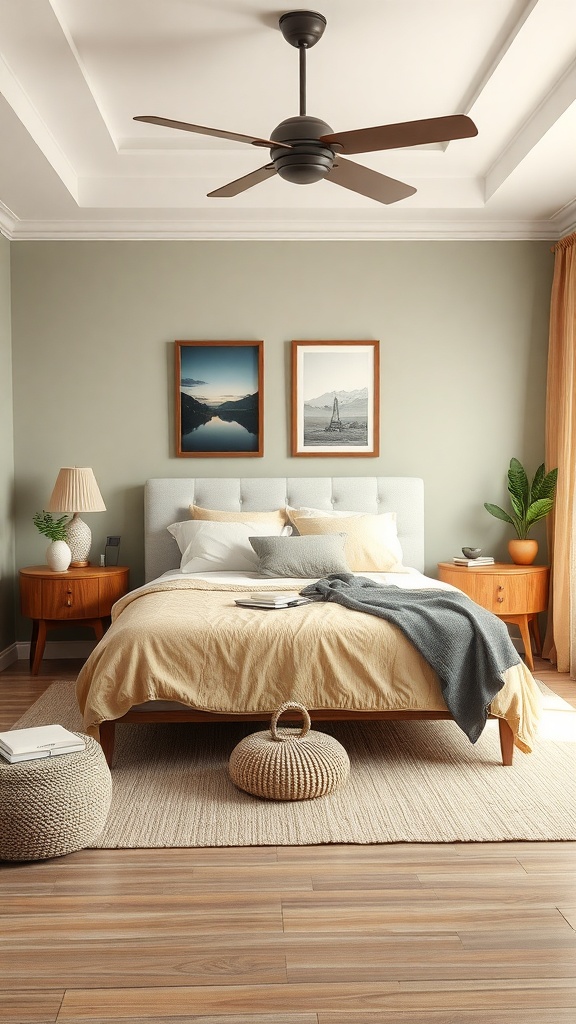 A cozy cottagecore bedroom featuring an earthy color palette with green walls, wooden furniture, and soft bedding.