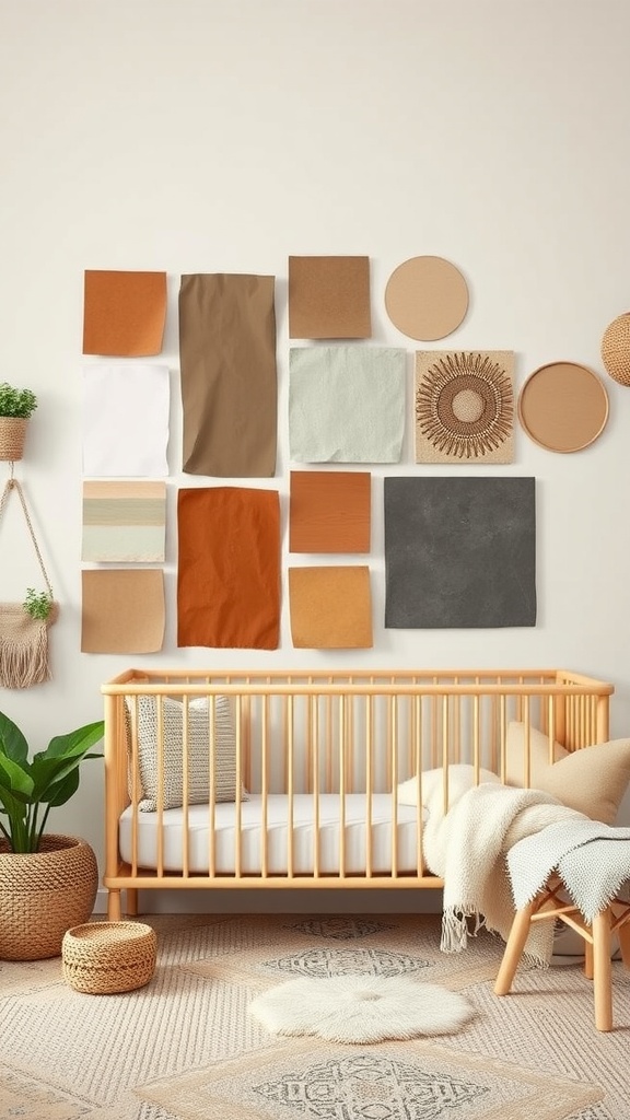 A boho nursery with an earthy color palette featuring swatches of browns, greens, and oranges, along with a wooden crib and plants.