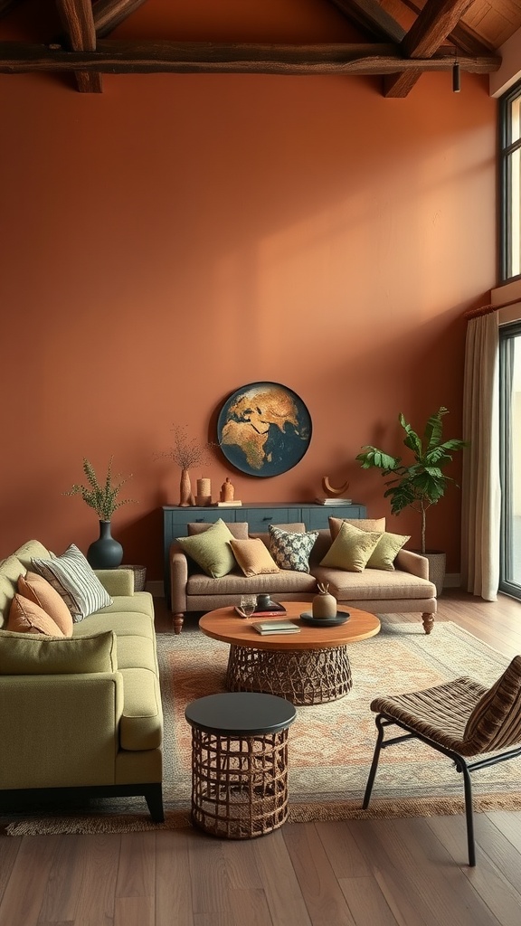 An earthy living room with terracotta walls, green furniture, and natural decor elements.