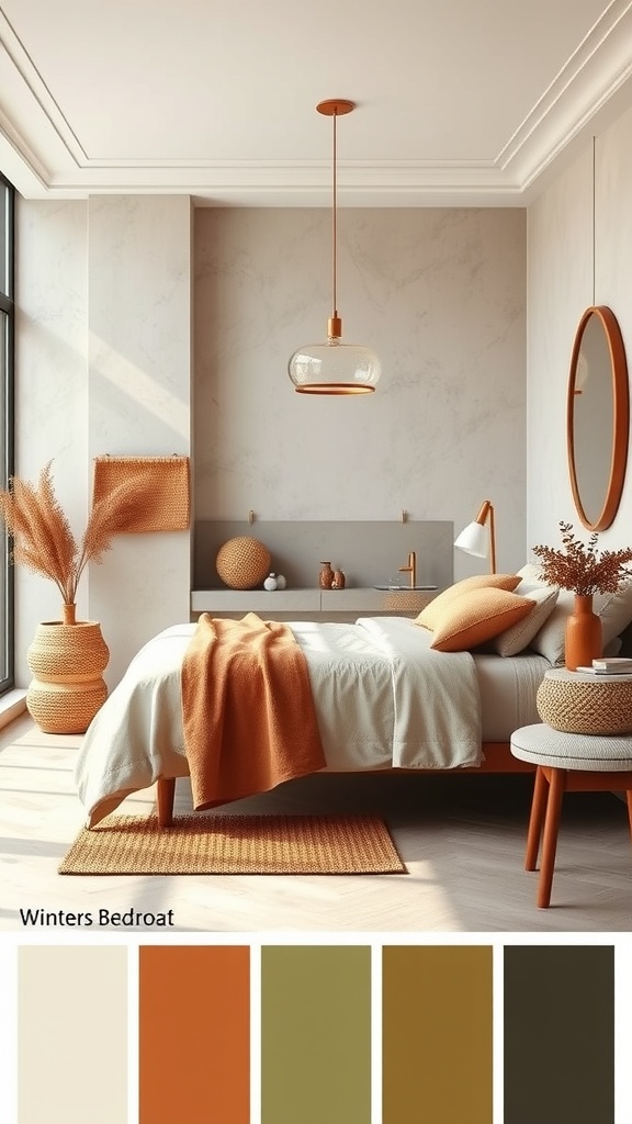 A cozy bathroom featuring an earthy color palette with terracotta, cream, and muted green tones.