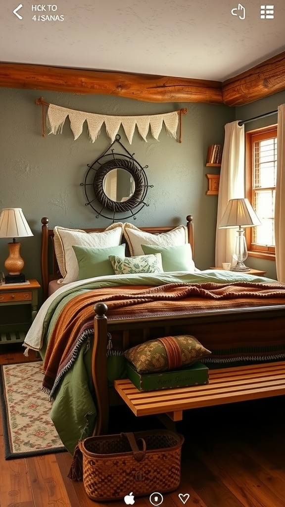 A rustic bedroom showcasing earthy color palettes with green walls, wooden accents, and a cozy bed arrangement.