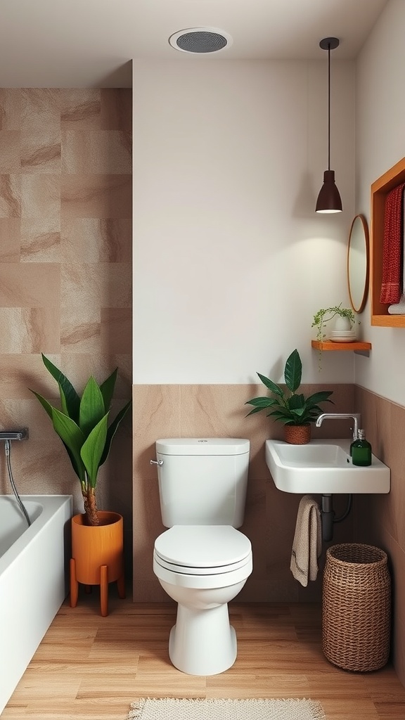 A rustic bathroom featuring earthy tones with plants, wooden accents, and warm lighting