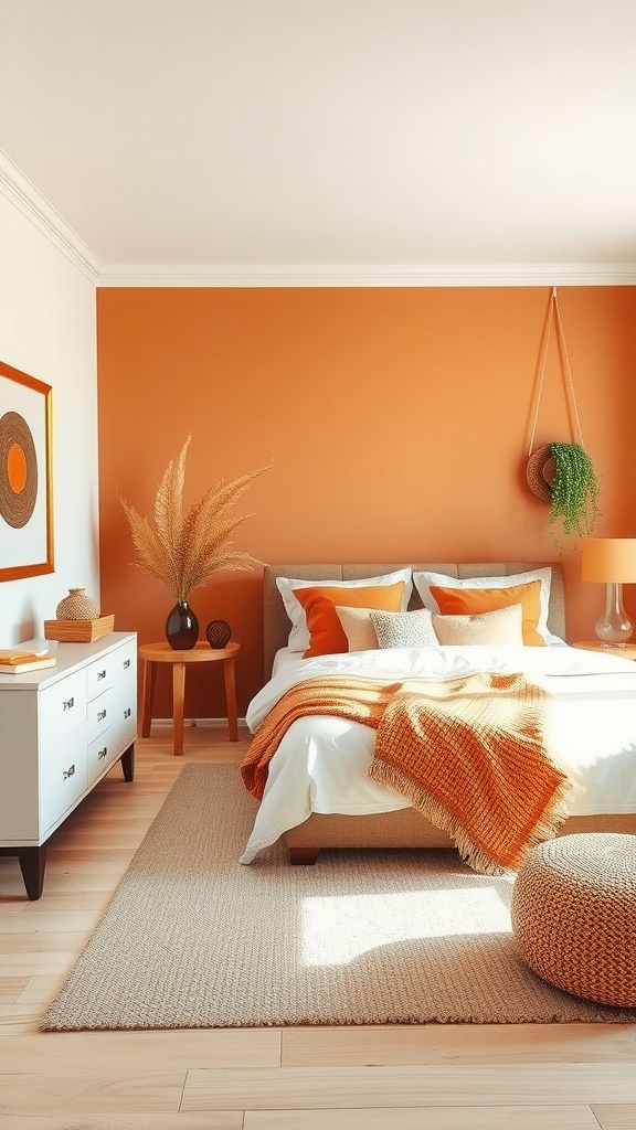 A cozy bedroom with earthy color palettes featuring a terracotta wall, warm bedding, and natural decor elements.