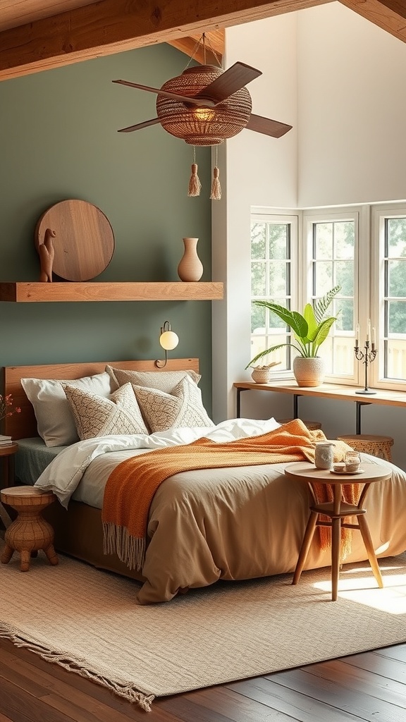 A cozy boho-inspired room featuring earthy colors, wooden accents, and natural textiles.