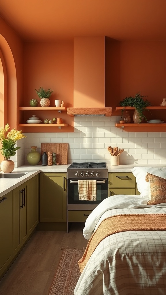 A cozy kitchen featuring earthy colors with terracotta walls, olive green cabinetry, and natural decor.