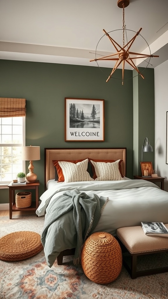 A cozy winter bedroom featuring earthy color palettes with green walls, soft bedding, and natural materials.
