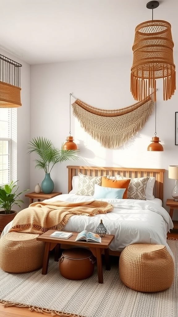 A cozy boho bedroom featuring earthy color palettes with warm browns and oranges, wooden furniture, and natural textures.
