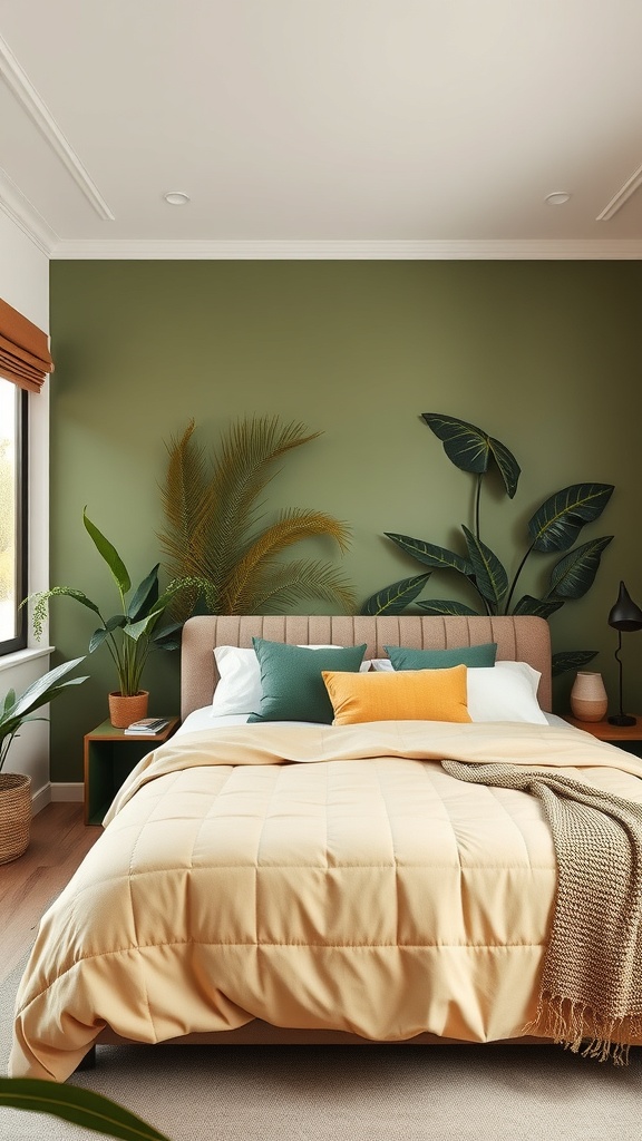 A cozy jungle-themed bedroom with earthy color palettes, featuring a green wall, beige bedding, and potted plants.
