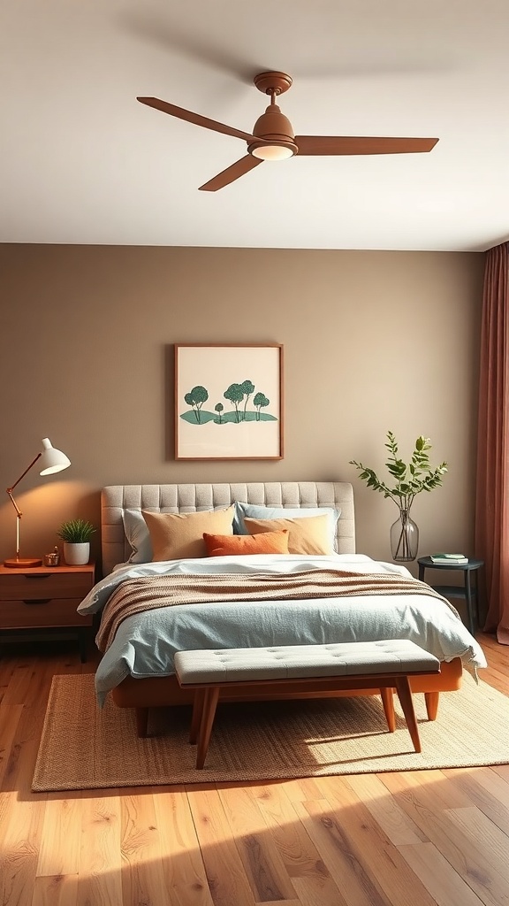 A cozy mid-century modern bedroom with earthy color palette, featuring a brown wall, wooden furniture, and soft bedding.