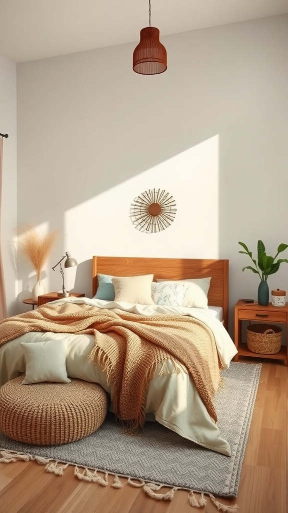 A cozy boho bedroom featuring earthy color palettes with a warm blanket, wooden furniture, and a plant.